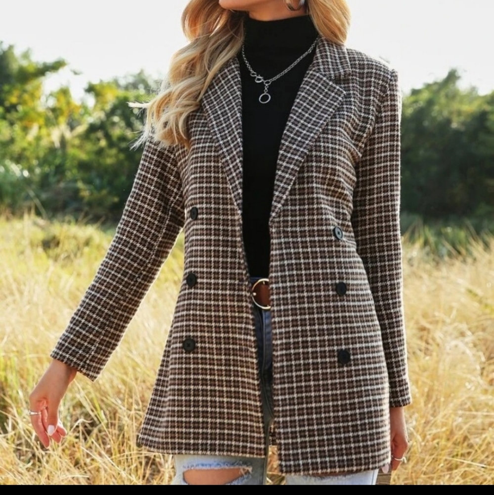 Blazer Jacket Gingham Plaid Double Breasted Brown
